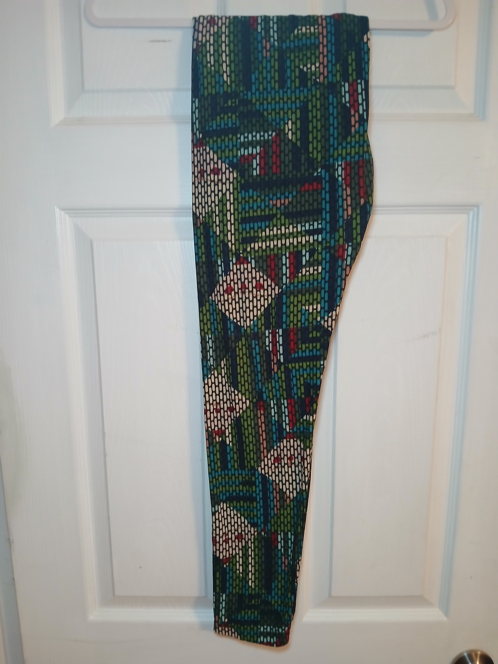 LuLaRoe Women’s Leggings in Green, Blue, White, and Red Geometric Print